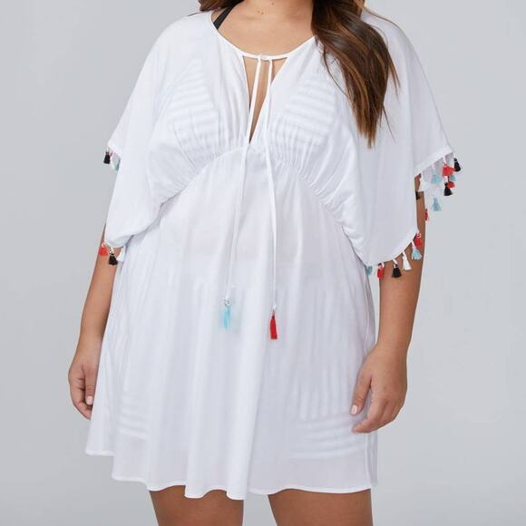 SWIM by Cacique Fringe Coverup Womens Size 14/16 White Gauze Boho Tasseled Top - Picture 1 of 9